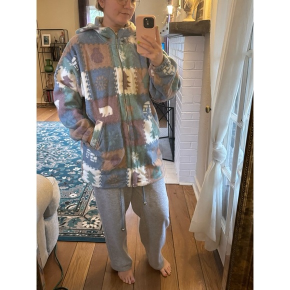 Vintage Camp Shacket Jacket Zip Up Fleece Chore Barn Cabin Bears Forrest Novelty - Picture 3 of 9